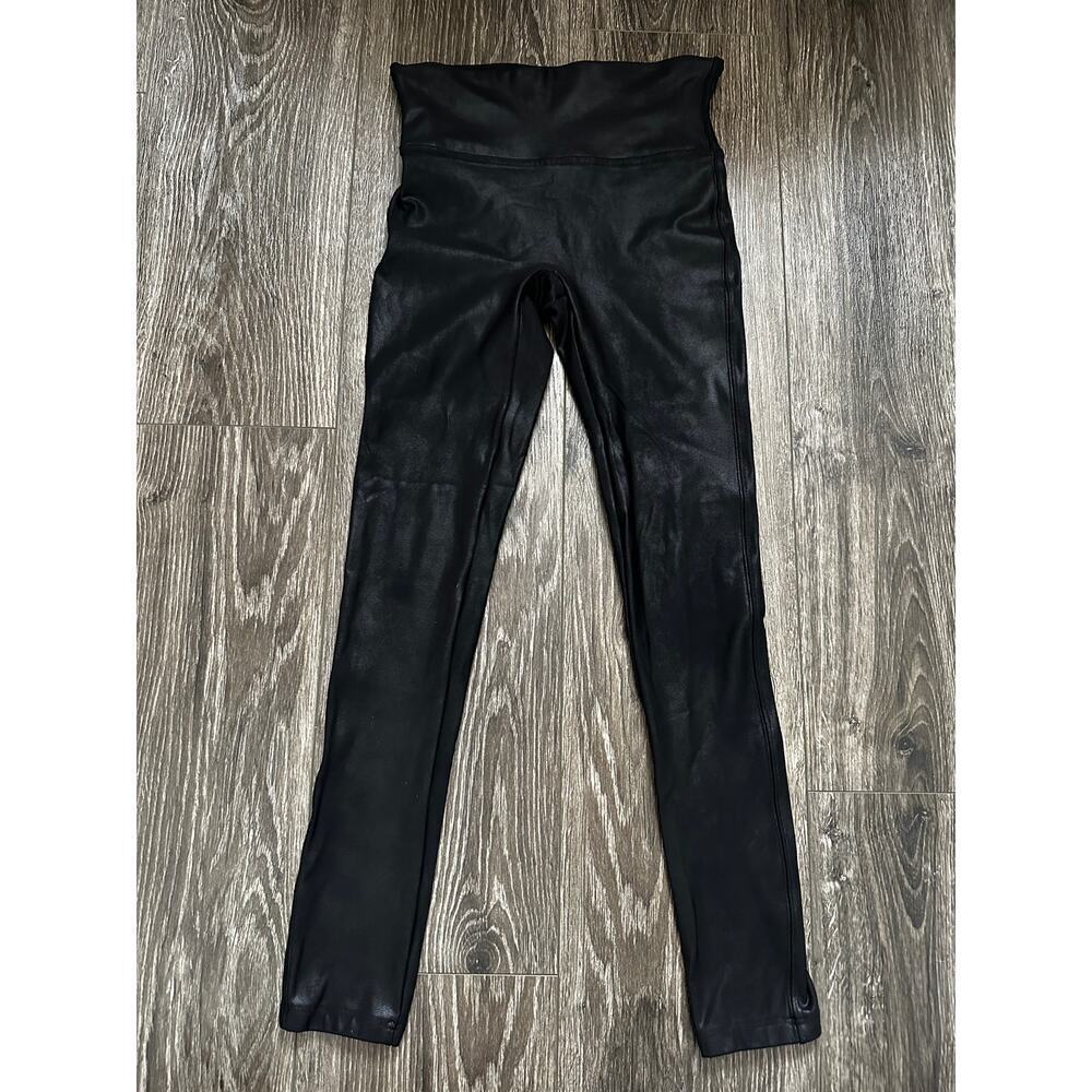 Spanx Faux Leather Leggings Womens Small Black Mid Rise Stretch Pull On